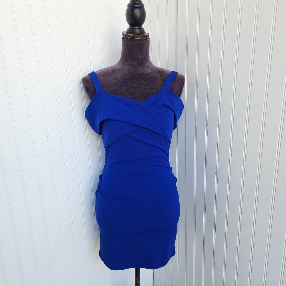 NWT Charlotte Russe Off Shoulder Scuba Mini Dress Blue Zip Sz S